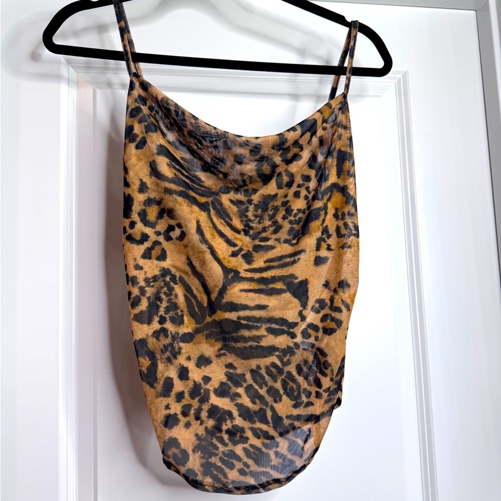 Nasty Gal Sheer Strappy Animal Print Halter Tank Top w/ Scoop Neck